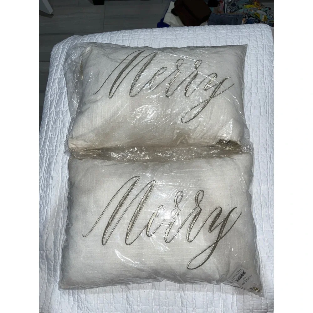 Gartner Studios Merry Christmas Lumbar Pillows Gold Tassels Set of 2 Cream Linen